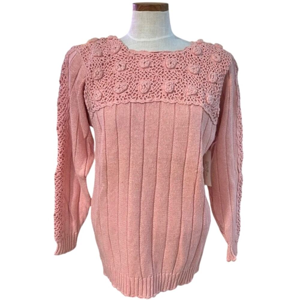 NWT Vintage Western Connection Pink Crochet Rosette Knit Sweater M Cottagecore